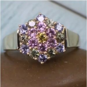 Solid 14K Yellow Gold Pink Green Yellow Blue Pastel Sapphire Ring sz 8.25
